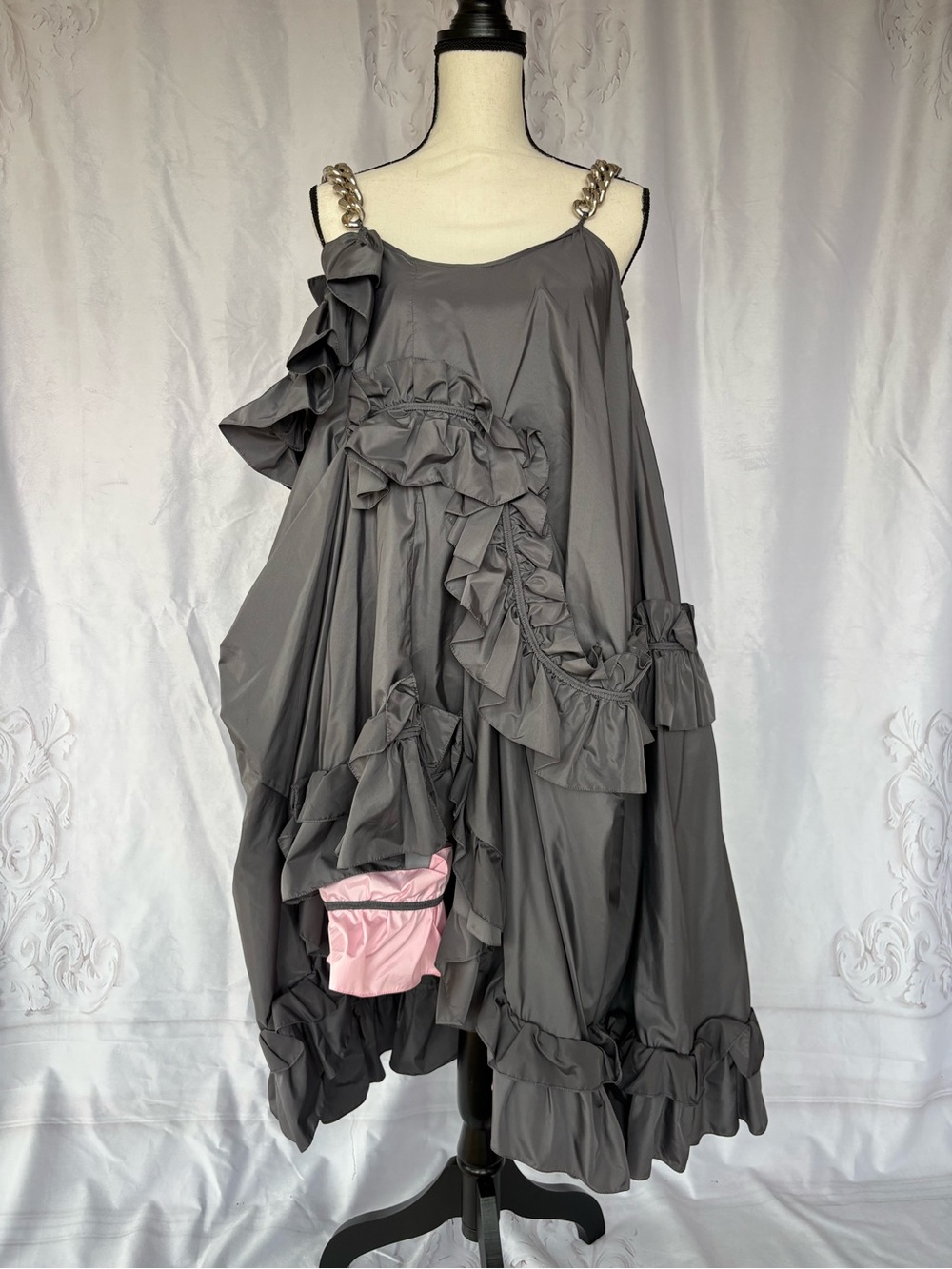 Anna K Women's Gray Ruffled Asymmetrical Dress with Pink Accent